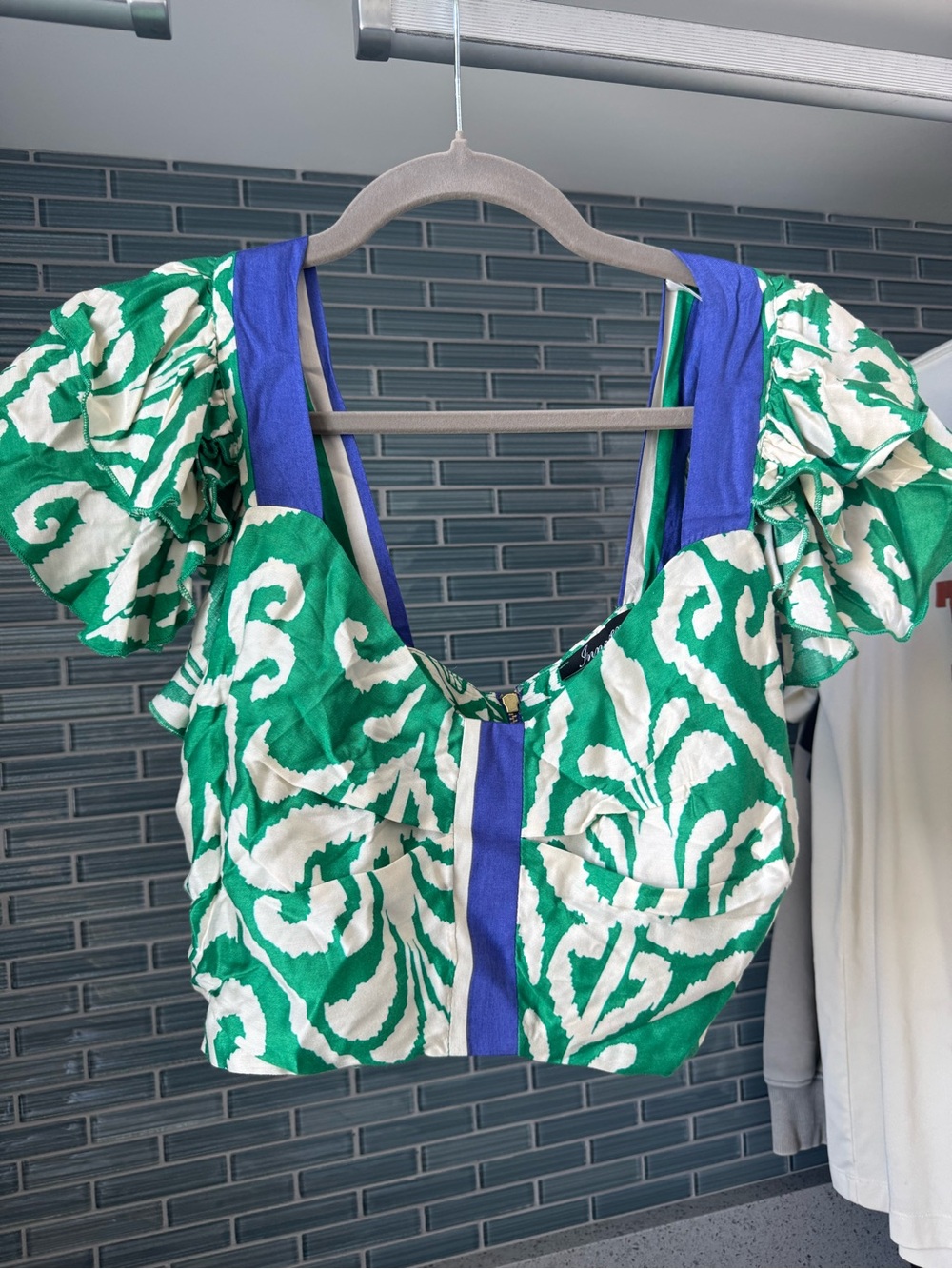 Green and White Printed Puff-Sleeve Crop Top with Blue Trim